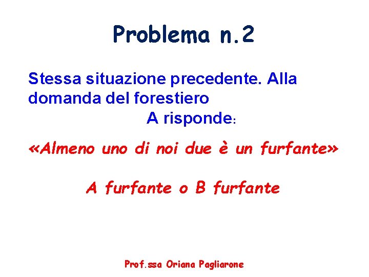 Problema n. 2 Stessa situazione precedente. Alla domanda del forestiero A risponde: «Almeno uno