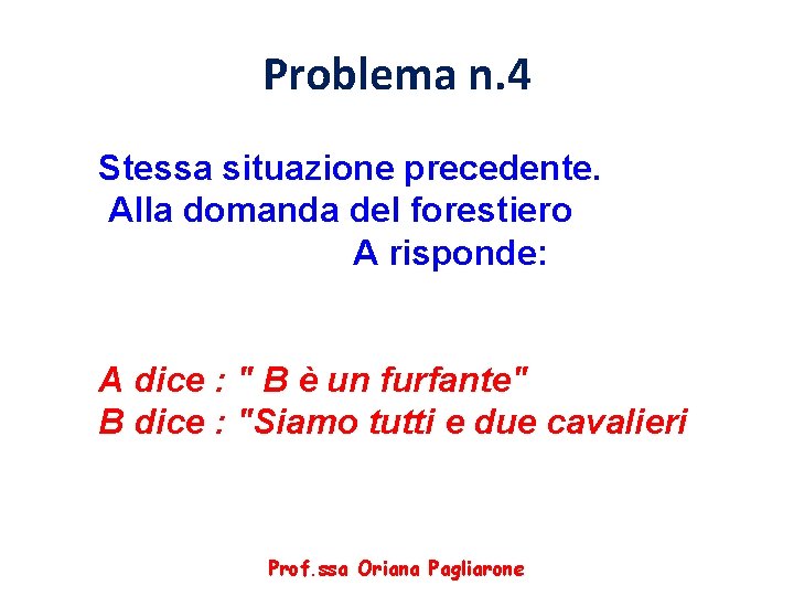 Problema n. 4 Stessa situazione precedente. Alla domanda del forestiero A risponde: A dice