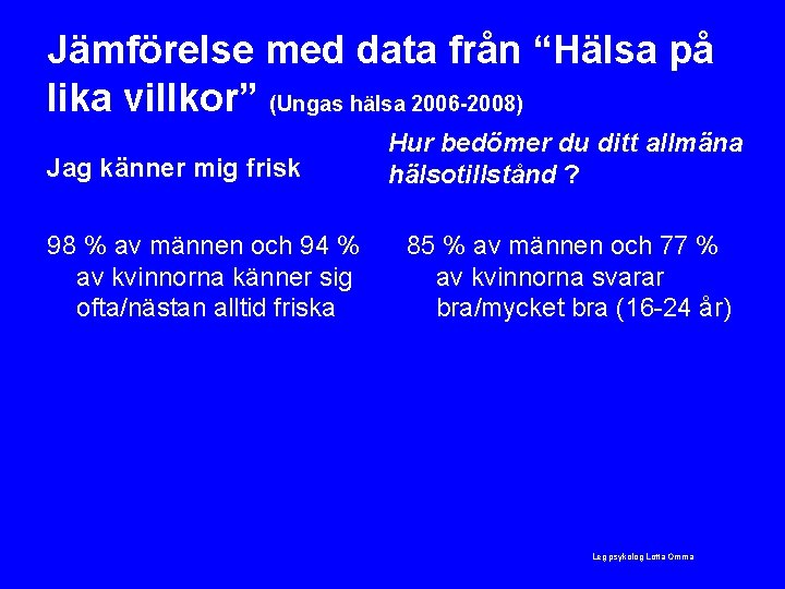 Jämförelse med data från “Hälsa på lika villkor” (Ungas hälsa 2006 -2008) Jag känner