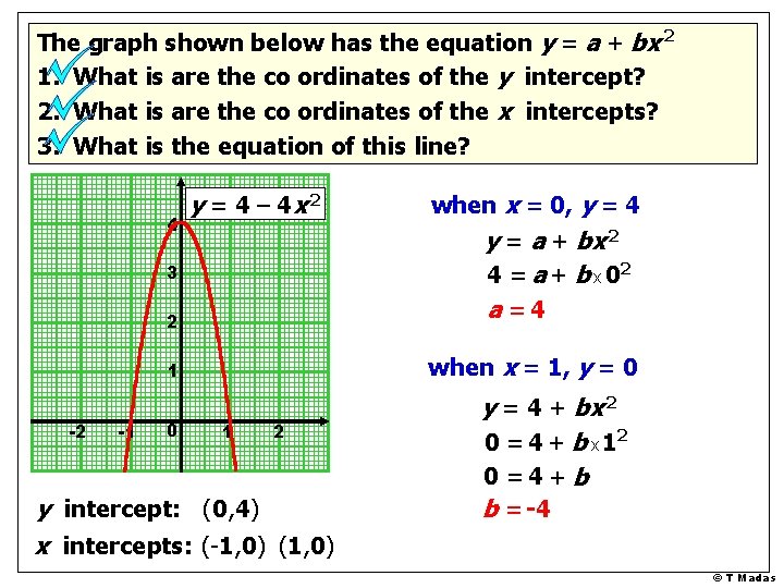 The graph shown below has the equation y = a + bx 2 1.