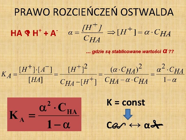 PRAWO ROZCIEŃCZEŃ OSTWALDA HA H+ + A… gdzie są stablicowane wartości α ? ? PRAWO ROZCIEŃCZEŃ OSTWALDA HA H+ + A… gdzie są stablicowane wartości α ? ?