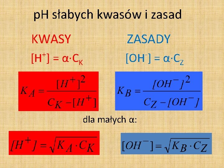 p. H słabych kwasów i zasad KWASY + ZASADY [H ] = α·CK -