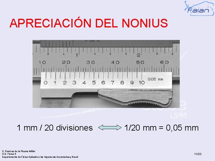 APRECIACIÓN DEL NONIUS 1 mm / 20 divisiones S. Ramírez de la Piscina Millán