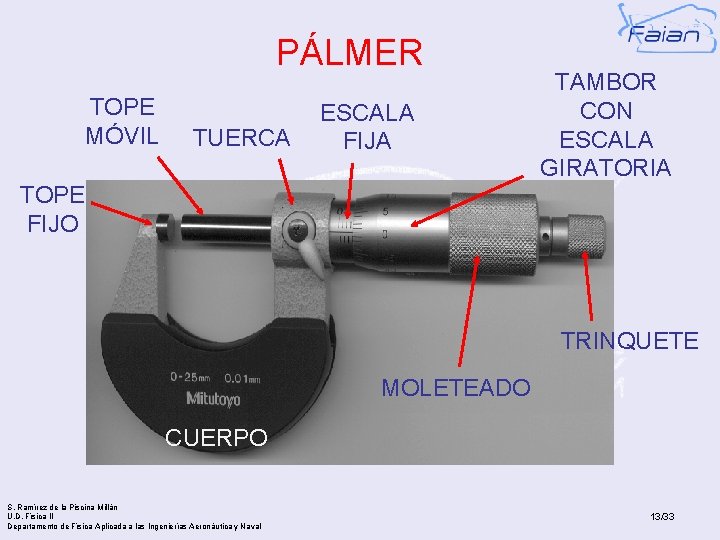 PÁLMER TOPE MÓVIL TUERCA ESCALA FIJA TOPE FIJO TAMBOR CON ESCALA GIRATORIA TRINQUETE MOLETEADO