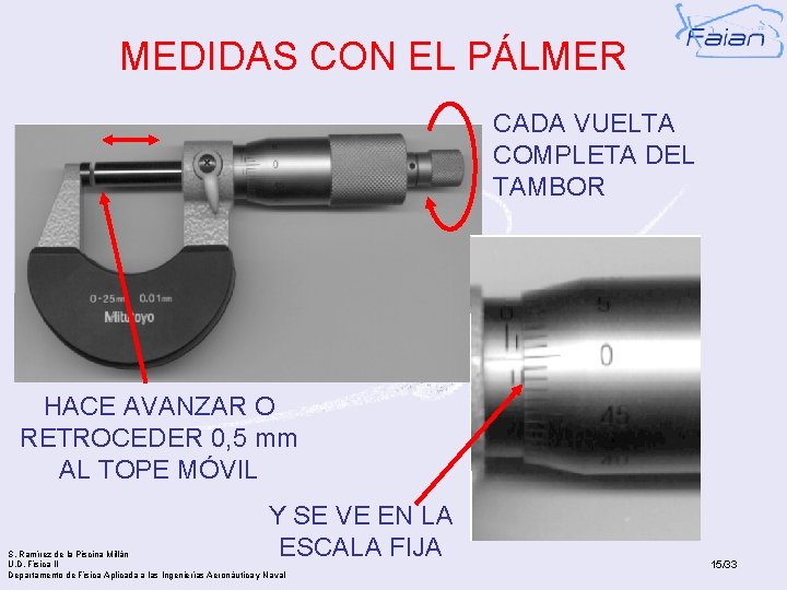 MEDIDAS CON EL PÁLMER CADA VUELTA COMPLETA DEL TAMBOR HACE AVANZAR O RETROCEDER 0,