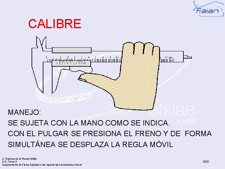 CALIBRE MANEJO: SE SUJETA CON LA MANO COMO SE INDICA. CON EL PULGAR SE