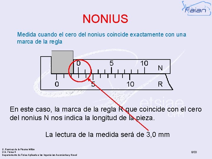 NONIUS Medida cuando el cero del nonius coincide exactamente con una marca de la