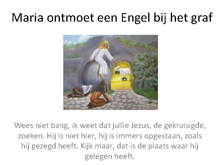 Maria ontmoet een Engel bij het graf Wees niet bang, ik weet dat jullie