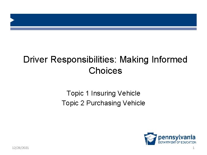 Driver Responsibilities: Making Informed Choices Topic 1 Insuring Vehicle Topic 2 Purchasing Vehicle 12/28/2021