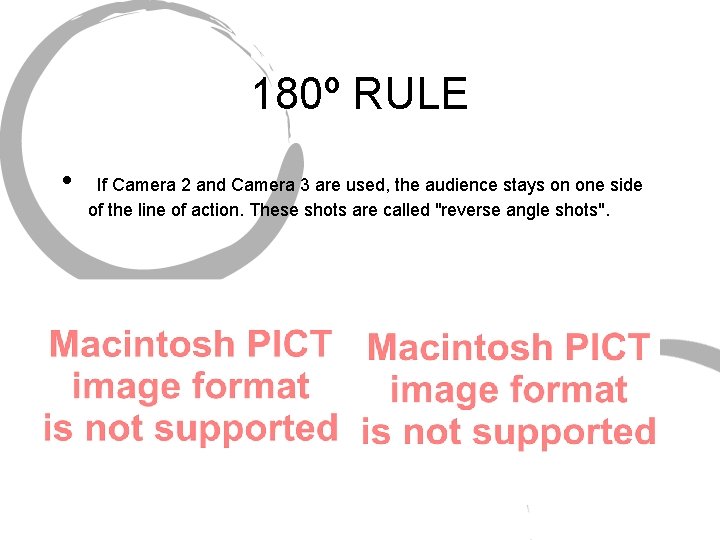 180º RULE • If Camera 2 and Camera 3 are used, the audience stays
