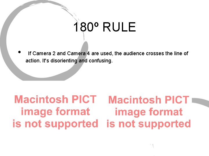 180º RULE • If Camera 2 and Camera 4 are used, the audience crosses