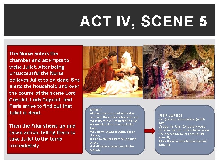 ACT IV, SCENE 5 The Nurse enters the chamber and attempts to wake Juliet.
