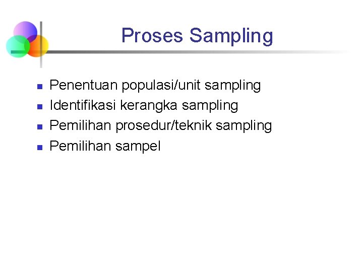 Proses Sampling n n Penentuan populasi/unit sampling Identifikasi kerangka sampling Pemilihan prosedur/teknik sampling Pemilihan