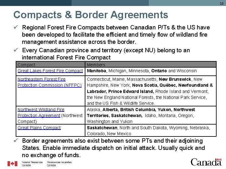 16 Compacts & Border Agreements ü Regional Forest Fire Compacts between Canadian P/Ts &