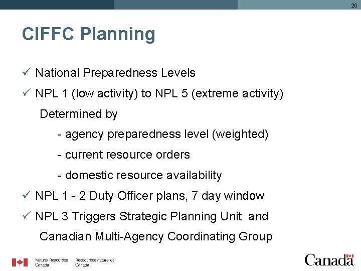 20 CIFFC Planning ü National Preparedness Levels ü NPL 1 (low activity) to NPL
