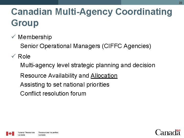 22 Canadian Multi-Agency Coordinating Group ü Membership Senior Operational Managers (CIFFC Agencies) ü Role