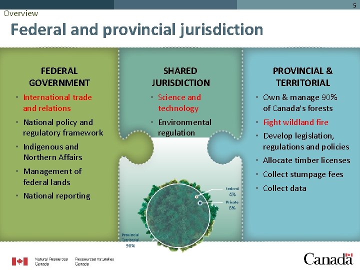 5 Overview Federal and provincial jurisdiction FEDERAL GOVERNMENT SHARED JURISDICTION PROVINCIAL & TERRITORIAL •