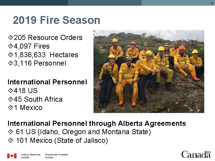 9 2019 Fire Season 205 Resource Orders 4, 097 Fires 1, 836, 633 Hectares