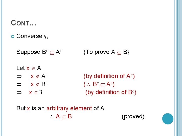 CONT… Conversely, Suppose Bc Ac {To prove A B} Let x Ac x Bc
