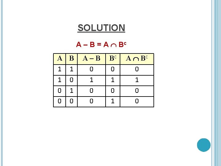 SOLUTION A – B = A Bc A B 1 1 1 0 0