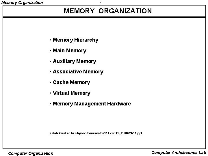 Memory Organization 1 MEMORY ORGANIZATION • Memory Hierarchy • Main Memory • Auxiliary Memory