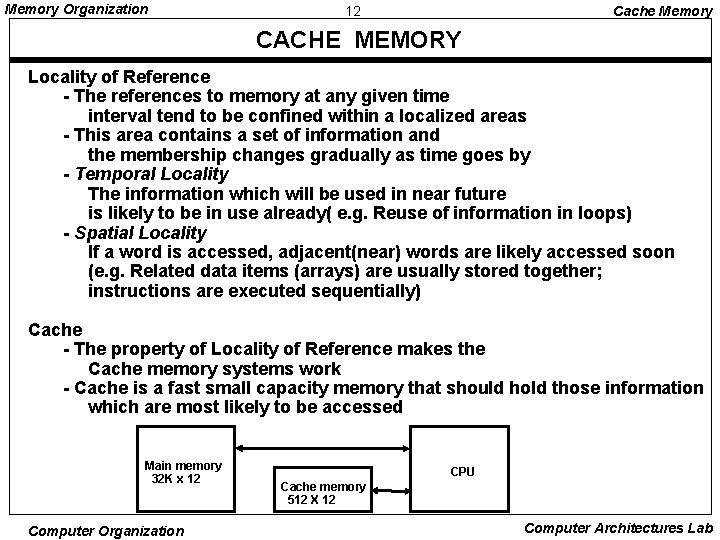 Memory Organization 12 Cache Memory CACHE MEMORY Locality of Reference - The references to