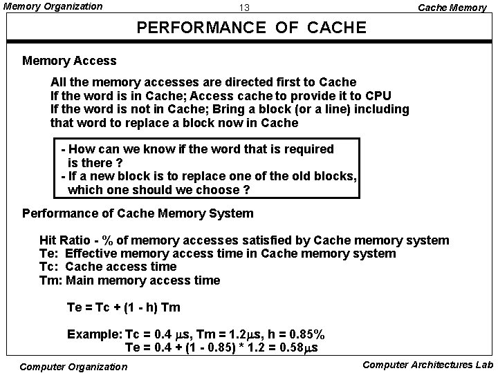 Memory Organization 13 Cache Memory PERFORMANCE OF CACHE Memory Access All the memory accesses