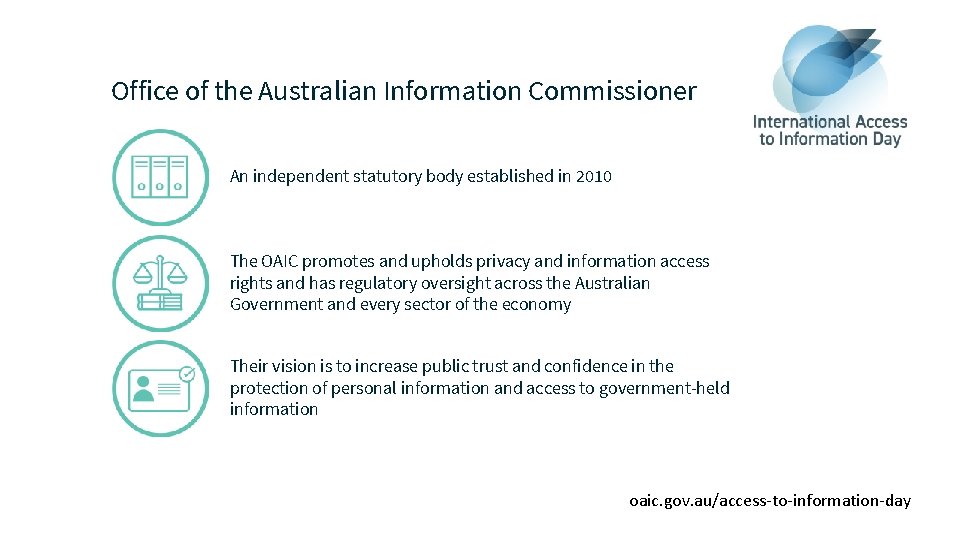 Office of the Australian Information Commissioner An independent statutory body established in 2010 The