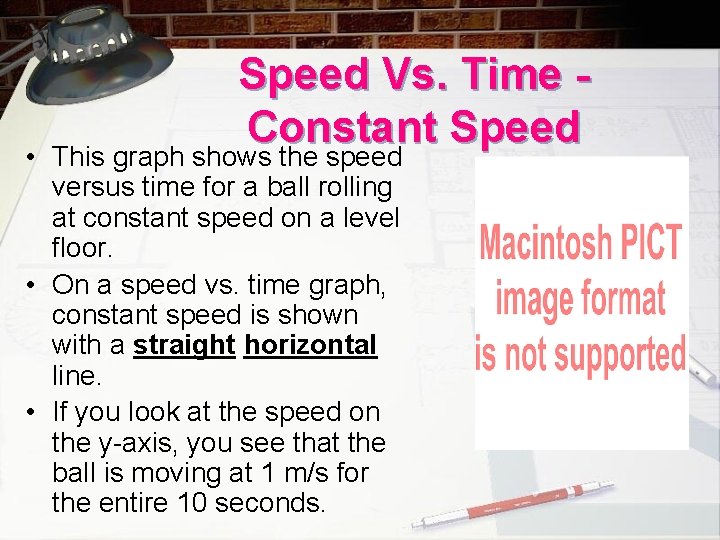 Speed Vs. Time Constant Speed • This graph shows the speed versus time for