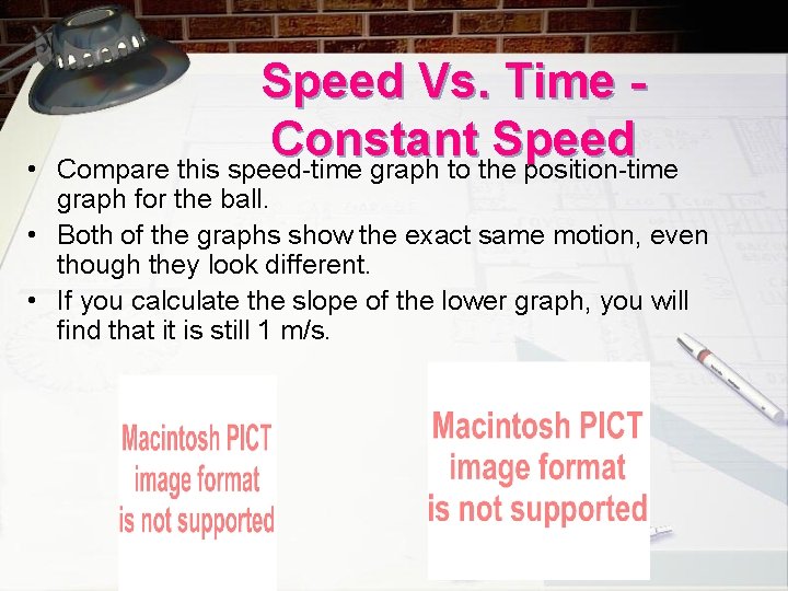  • Speed Vs. Time Constant Speed Compare this speed-time graph to the position-time