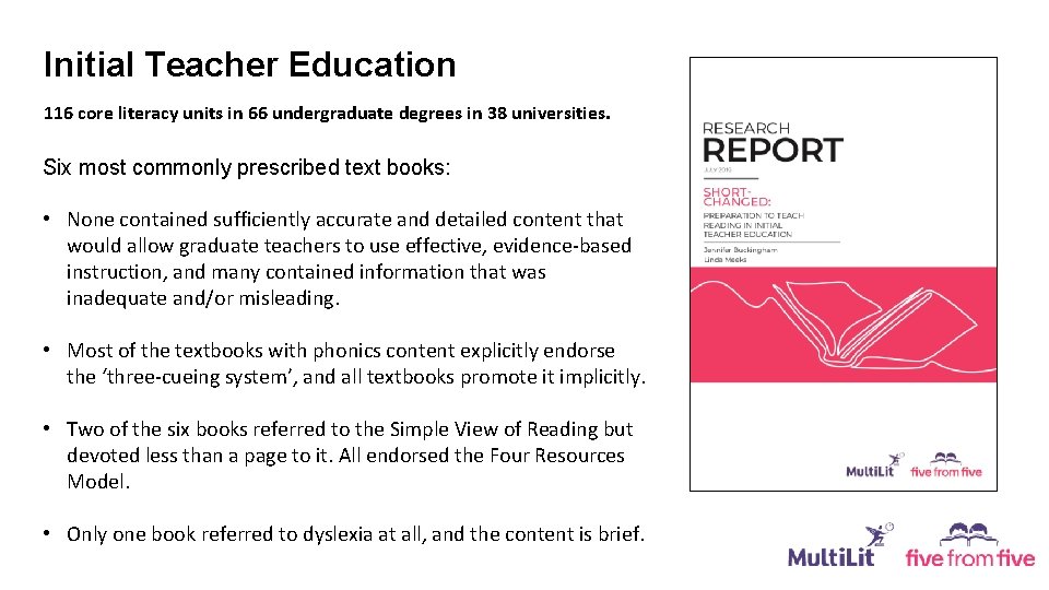 Initial Teacher Education 116 core literacy units in 66 undergraduate degrees in 38 universities.