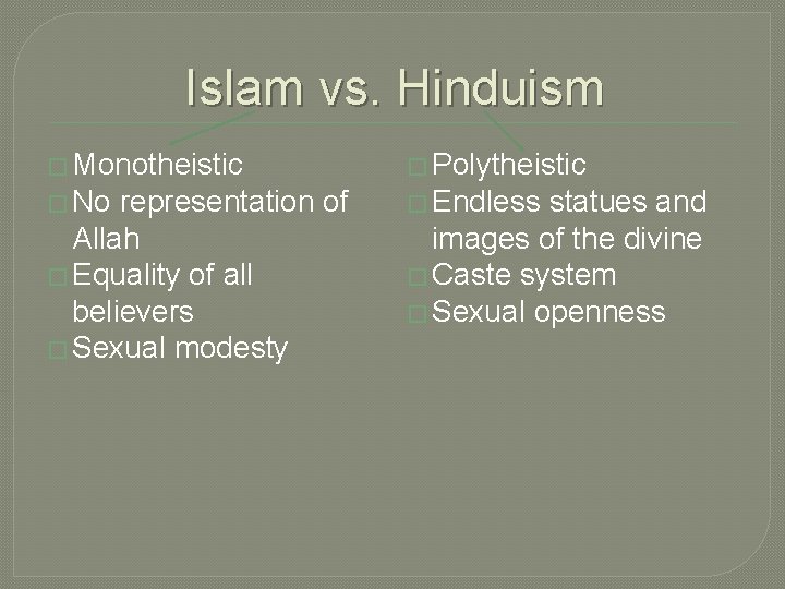 Islam vs. Hinduism � Monotheistic � Polytheistic � No � Endless representation of Allah Islam vs. Hinduism � Monotheistic � Polytheistic � No � Endless representation of Allah