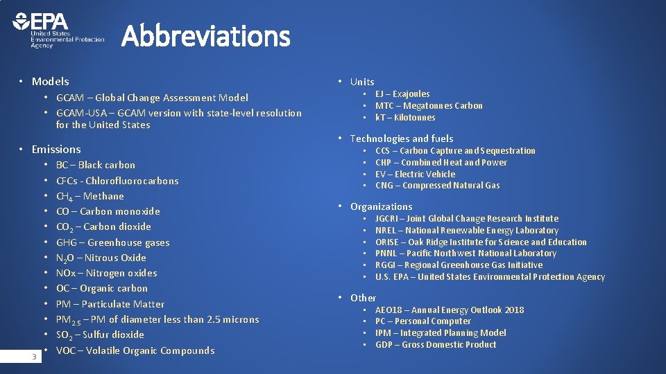 Abbreviations • Models • GCAM – Global Change Assessment Model • GCAM-USA – GCAM