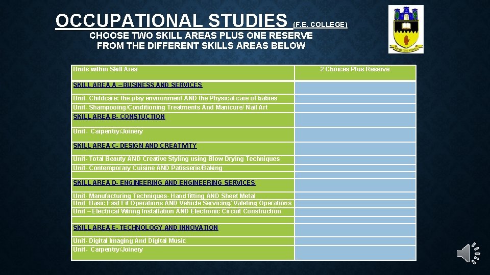 OCCUPATIONAL STUDIES (F. E. COLLEGE) CHOOSE TWO SKILL AREAS PLUS ONE RESERVE FROM THE