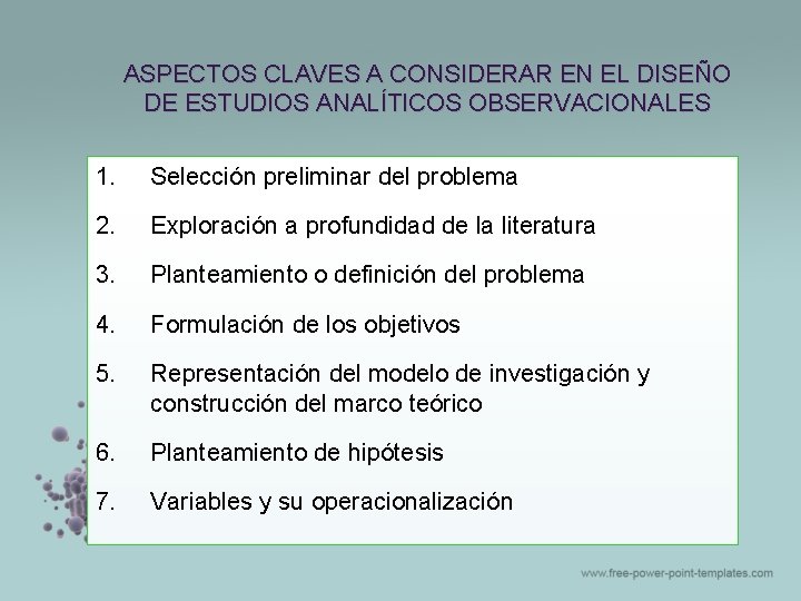 ASPECTOS CLAVES A CONSIDERAR EN EL DISEÑO DE ESTUDIOS ANALÍTICOS OBSERVACIONALES 1. Selección preliminar ASPECTOS CLAVES A CONSIDERAR EN EL DISEÑO DE ESTUDIOS ANALÍTICOS OBSERVACIONALES 1. Selección preliminar