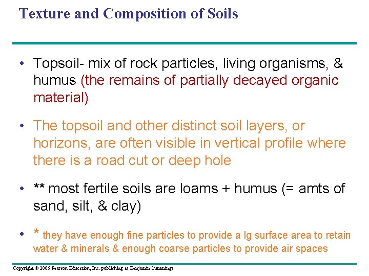 Texture and Composition of Soils • Topsoil- mix of rock particles, living organisms, &