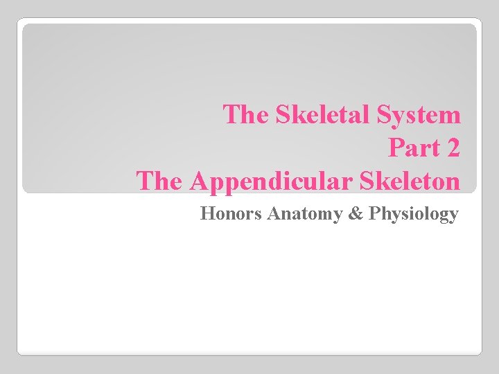The Skeletal System Part 2 The Appendicular Skeleton Honors Anatomy & Physiology 