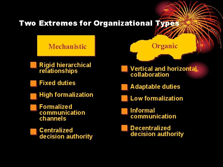 Two Extremes for Organizational Types Mechanistic Rigid hierarchical relationships Fixed duties High formalization Organic