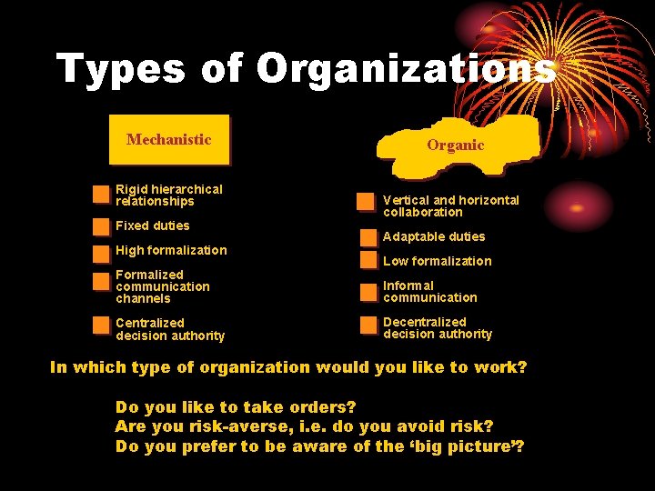 Types of Organizations Mechanistic Rigid hierarchical relationships Fixed duties High formalization Formalized communication channels