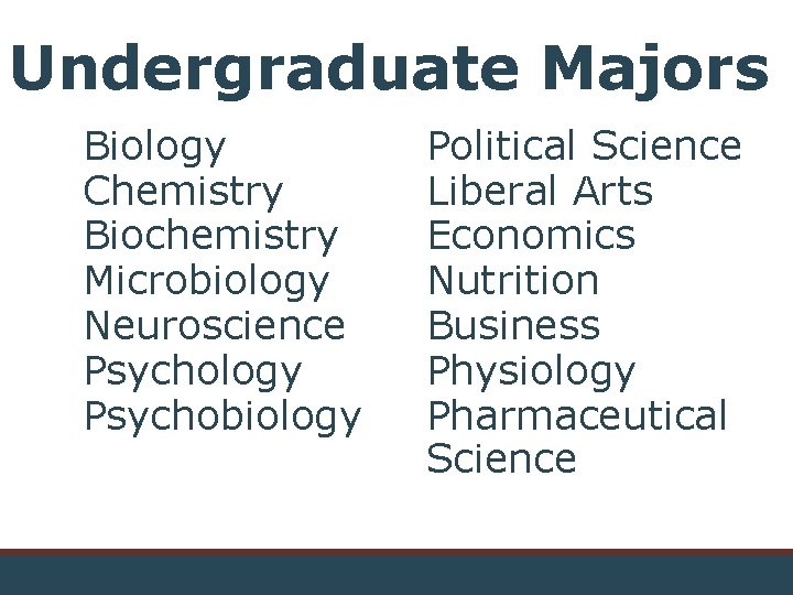 Undergraduate Majors Biology Chemistry Biochemistry Microbiology Neuroscience Psychology Psychobiology Political Science Liberal Arts Economics