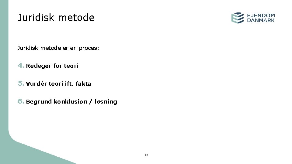 Juridisk metode er en proces: 4. Redegør for teori 5. Vurdér teori ift. fakta