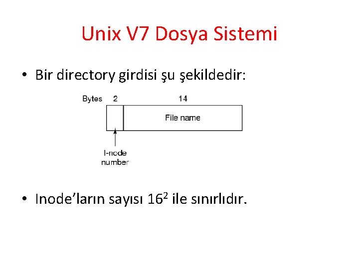 Unix V 7 Dosya Sistemi • Bir directory girdisi şu şekildedir: • Inode’ların sayısı
