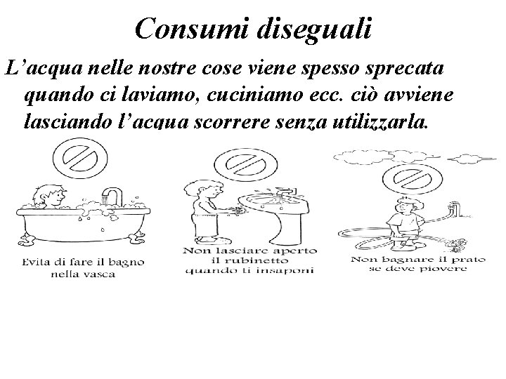 Consumi diseguali L’acqua nelle nostre cose viene spesso sprecata quando ci laviamo, cuciniamo ecc.