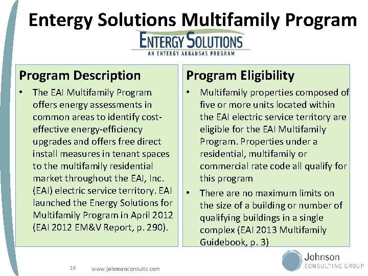 Entergy Solutions Multifamily Program Description Program Eligibility • The EAI Multifamily Program offers energy