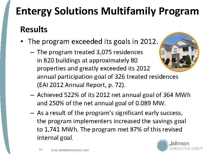 Entergy Solutions Multifamily Program Results • The program exceeded its goals in 2012. –