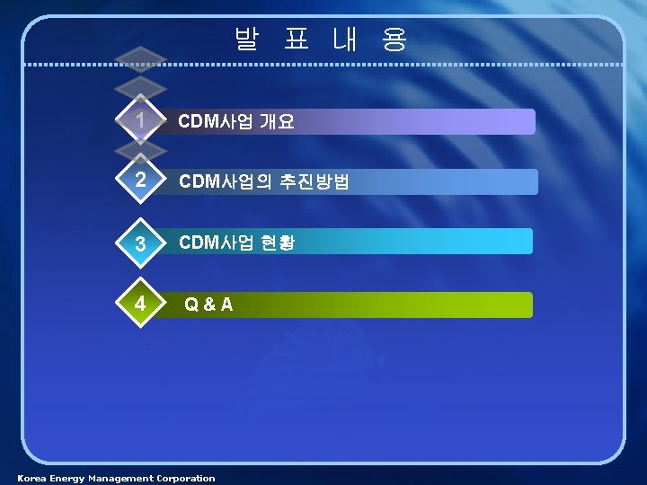 발 표 내 용 1 CDM사업 개요 2 CDM사업의 추진방법 3 CDM사업 현황 4