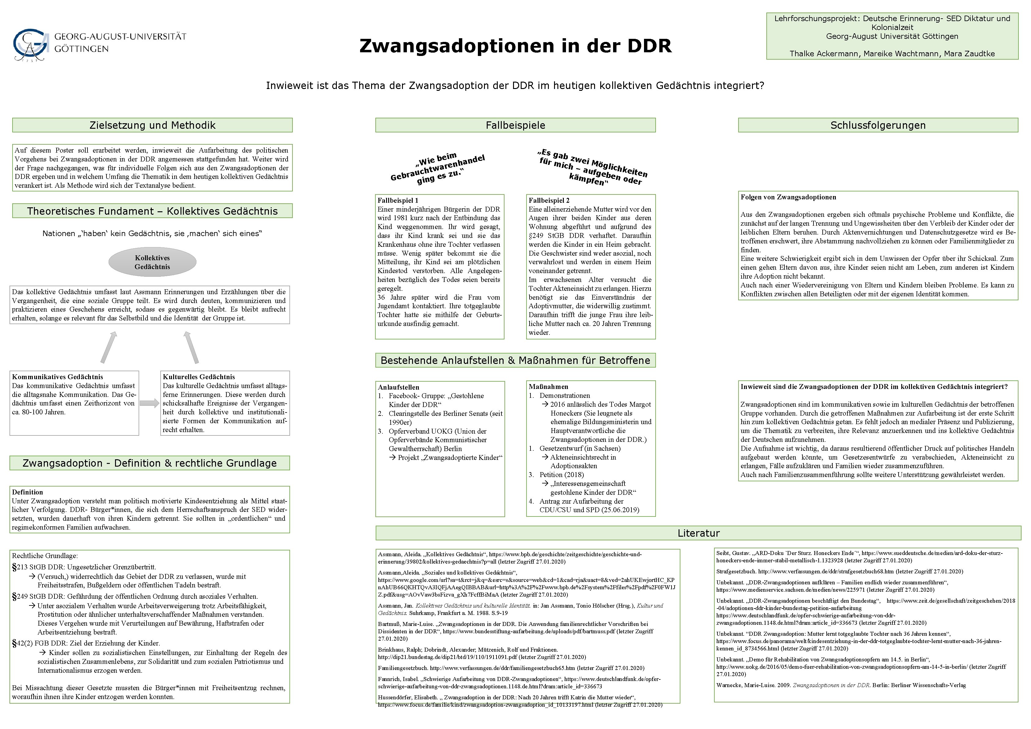 Lehrforschungsprojekt: Deutsche Erinnerung- SED Diktatur und Kolonialzeit Georg-August Universität Göttingen Zwangsadoptionen in der DDR