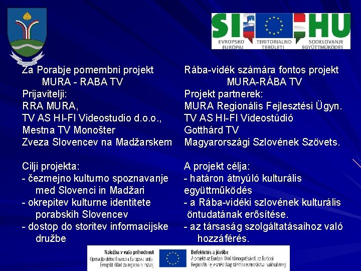 Za Porabje pomembni projekt MURA - RABA TV Prijavitelji: RRA MURA, TV AS HI-FI