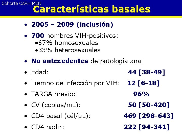 Cohorte CARH·MEN Características basales • 2005 – 2009 (inclusión) • 700 hombres VIH-positivos: •