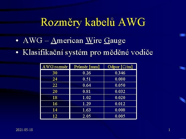Rozměry kabelů AWG • AWG – American Wire Gauge • Klasifikační systém pro měděné